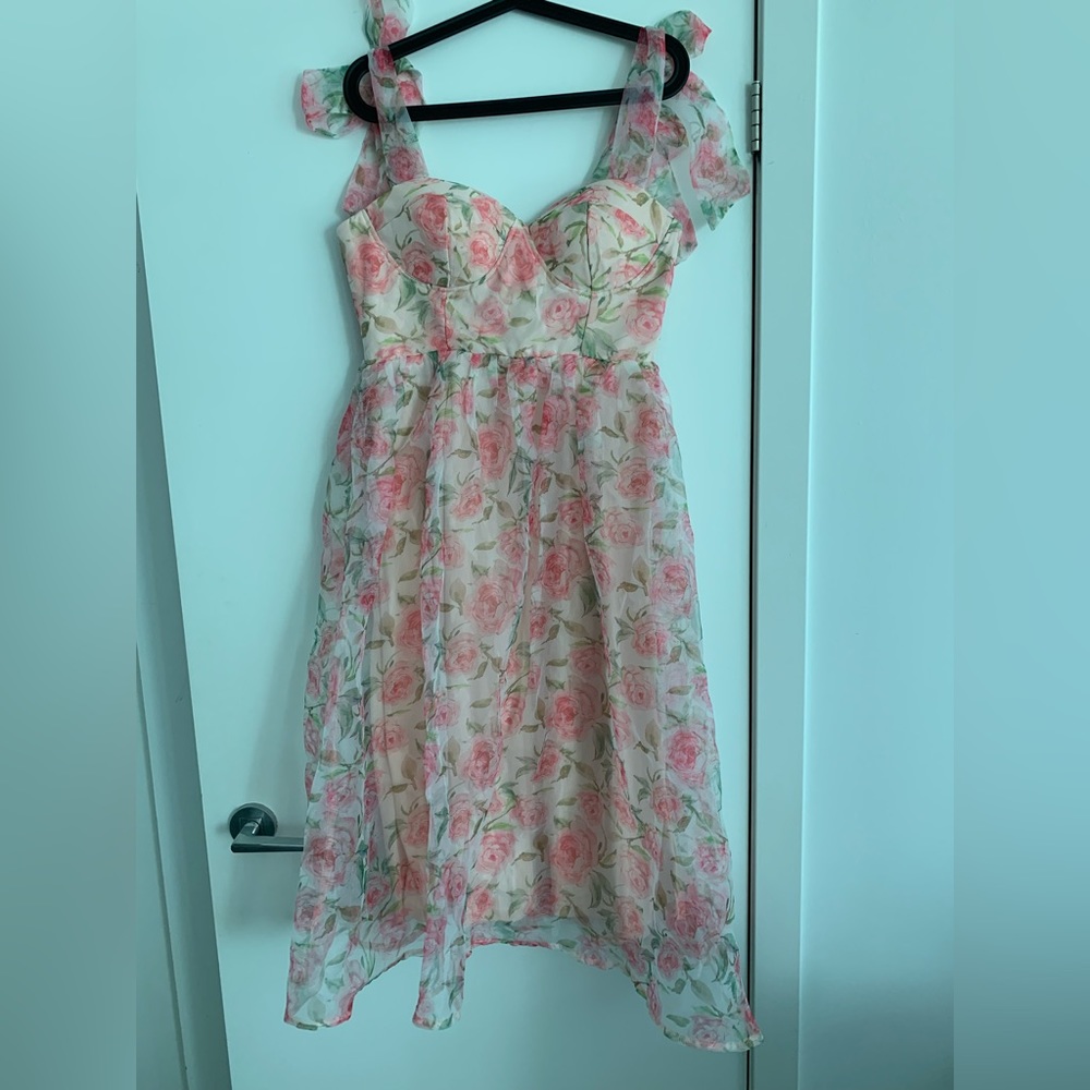 Maniju Korea dress flowers roses Medium new M midi length - Picture 5 of 7